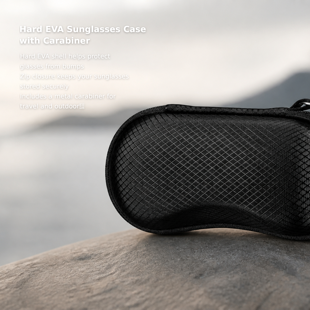 Hard EVA Sunglasses Case – Shockproof Sports Eyewear Holder with Metal Carabiner, Travel Zipper Protective Case